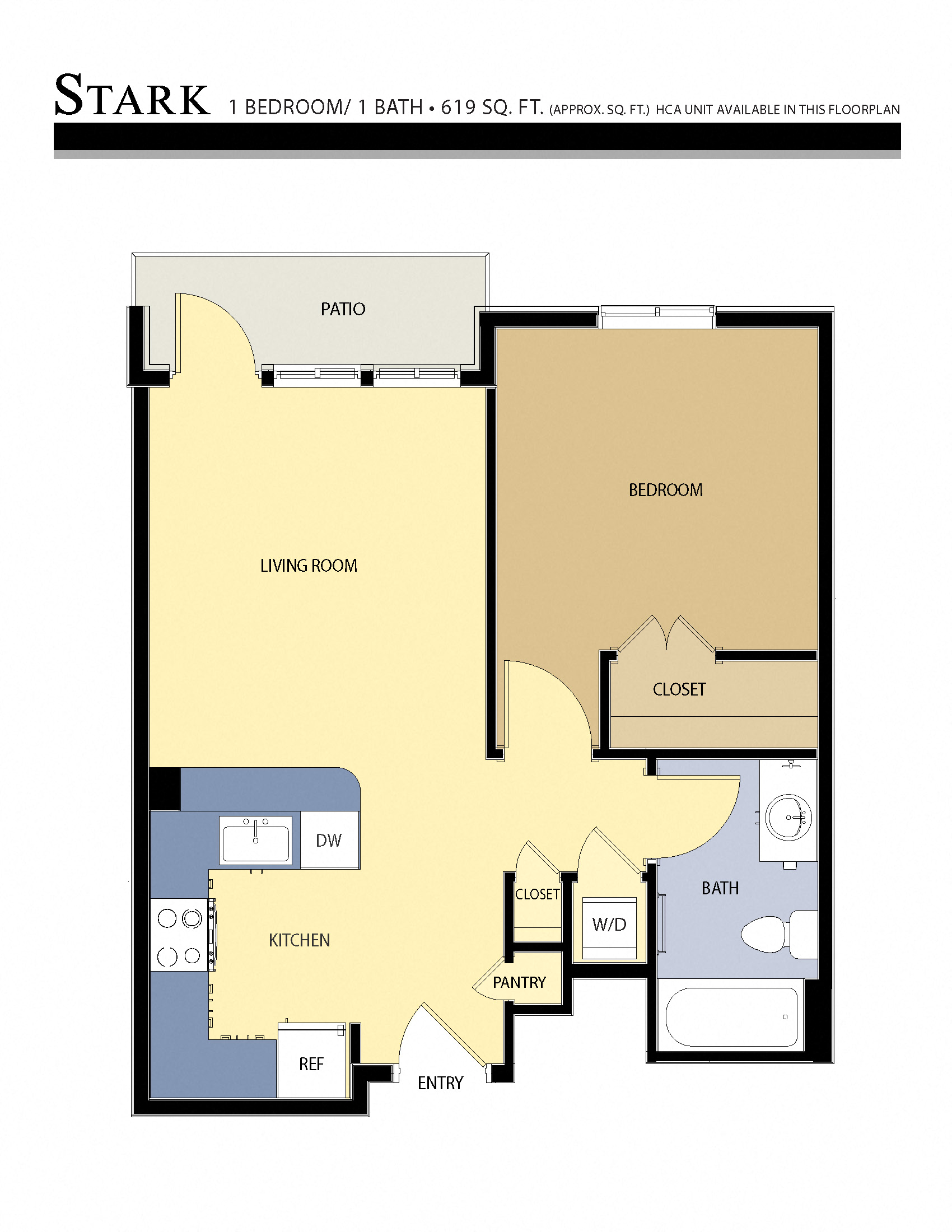 Floor plan for 1 bed, 1 bath, 619 sqft